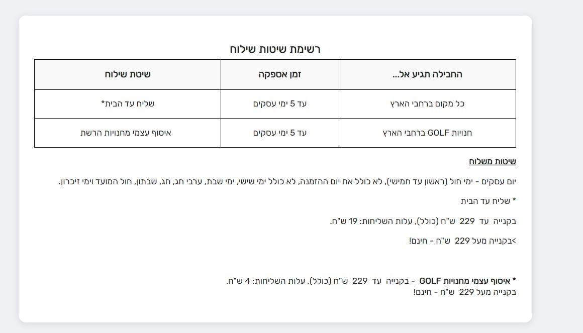 10% הנחה עם קוד קופון בגולף בהטבה אחת לרכישה 4 טבלת שיטות השילוח באתר גולף עם סף משלוח חינם של 229 שח, שליח 19 שח ואיסוף עצמי 4 שח
