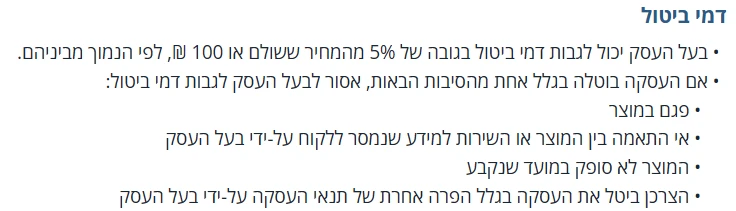 כל זכות: ביטול עסקת מכר מרחוק בתוך 14 ימים, ודמי ביטול של 5% או 100 ש"ח לפי הנמוך